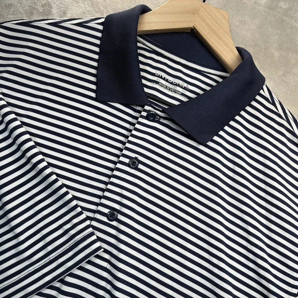 Untuckit Shirt Mens L Polo Blue White Striped Golf Performance Short Sleeve